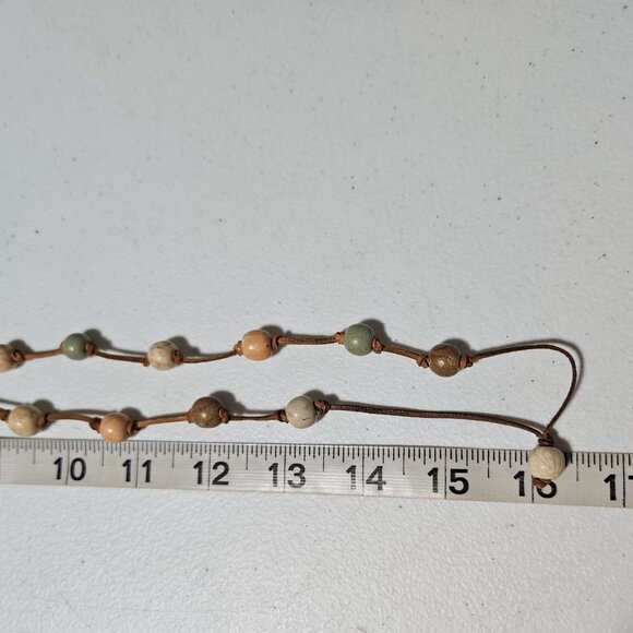 Handmade Boho Leather Beaded Necklace Multicolor Wooden Beads Earthy Jewelry - Picture 5 of 5